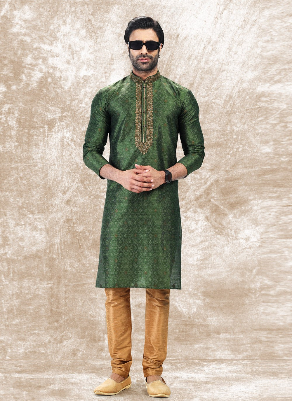 Fancy Work Brocade, Jacquard Silk Green Kurta Pyjama - M4854