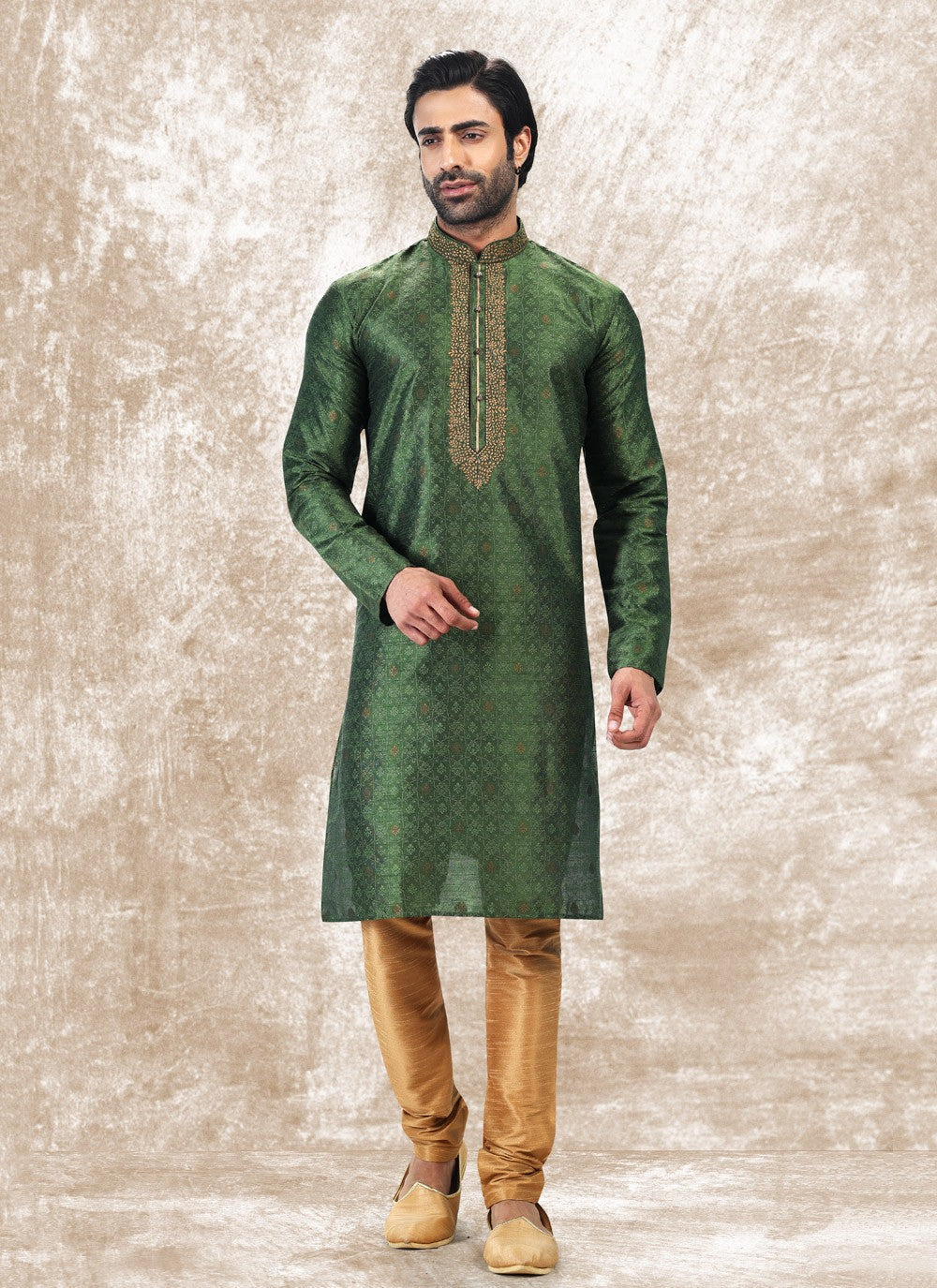 Fancy Work Brocade, Jacquard Silk Green Kurta Pyjama - M4854