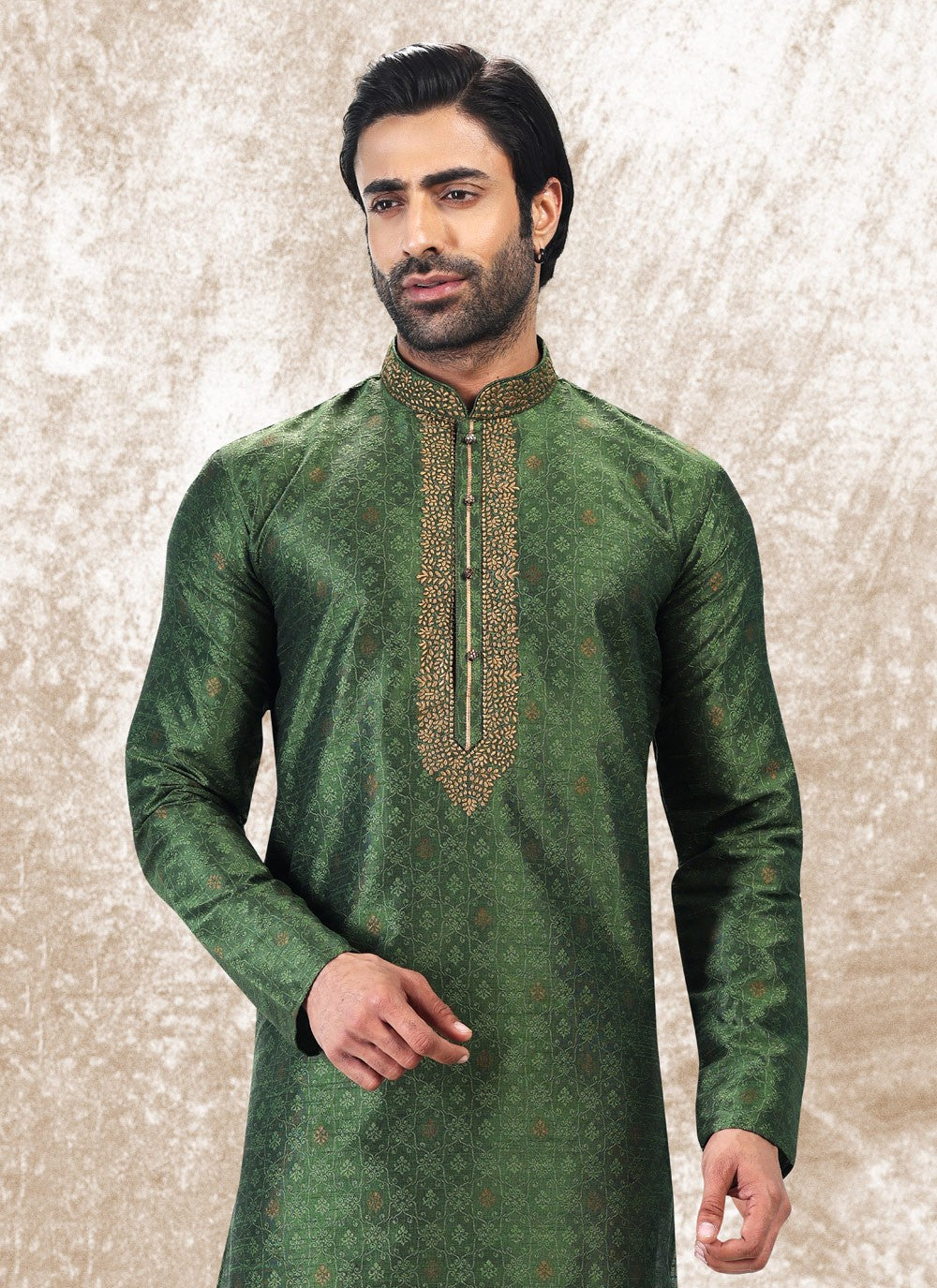 Fancy Work Brocade, Jacquard Silk Green Kurta Pyjama - M4854