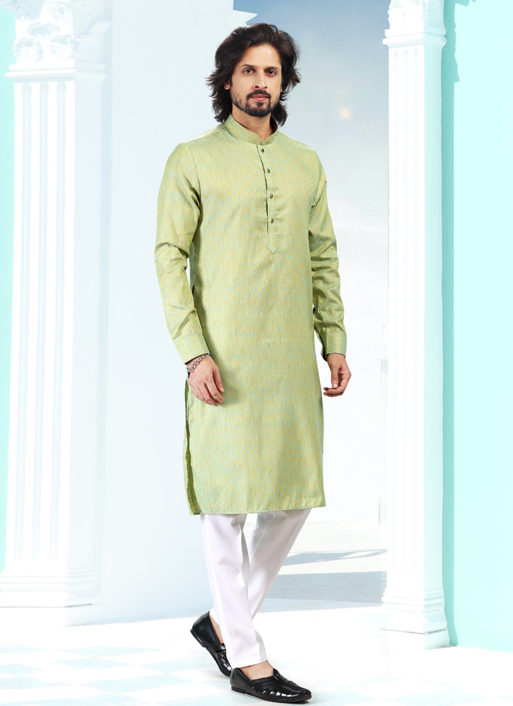 Fancy Work Silk Green Kurta Pyjama - M5191