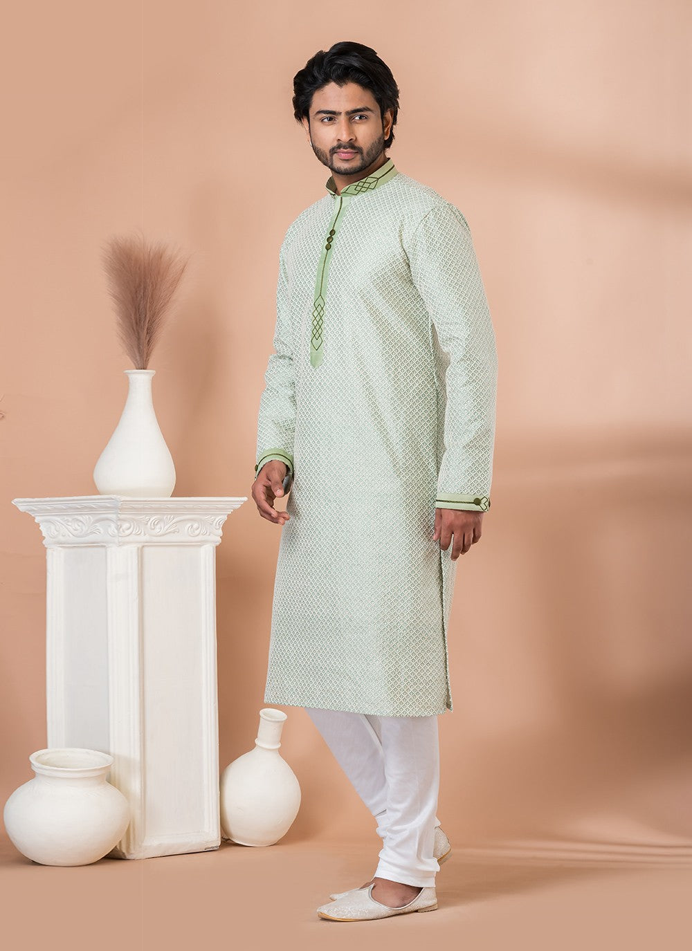 Fancy Work Silk Green Kurta Pyjama - M7012