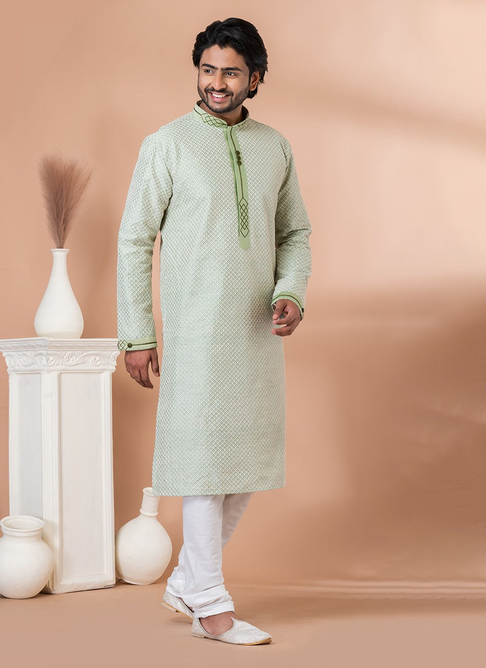 Fancy Work Silk Green Kurta Pyjama - M7012