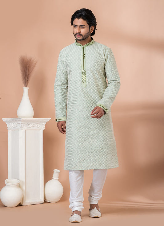 Fancy Work Silk Green Kurta Pyjama - M7012