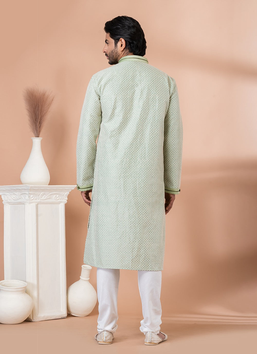 Fancy Work Silk Green Kurta Pyjama - M7012