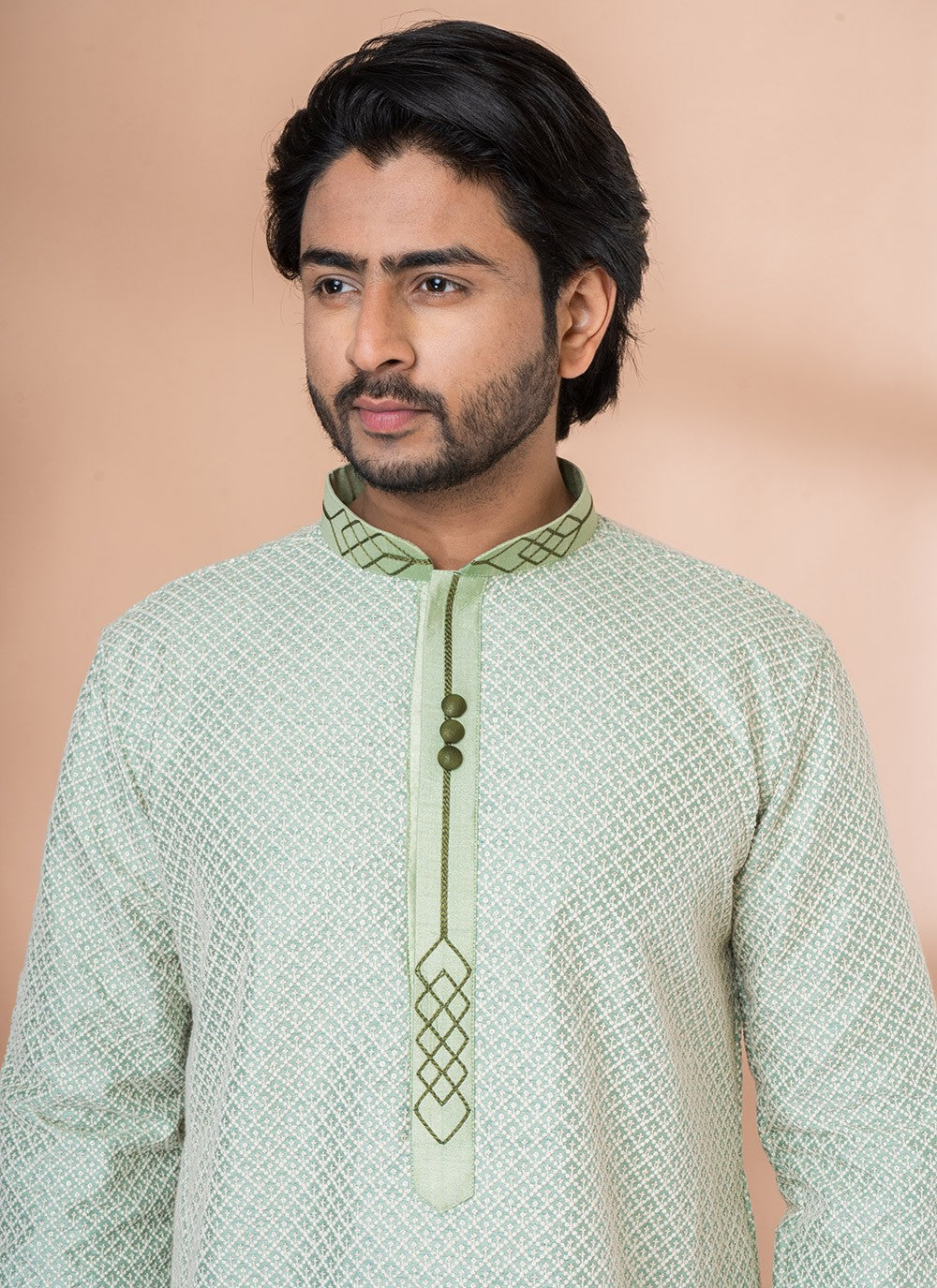 Fancy Work Silk Green Kurta Pyjama - M7012