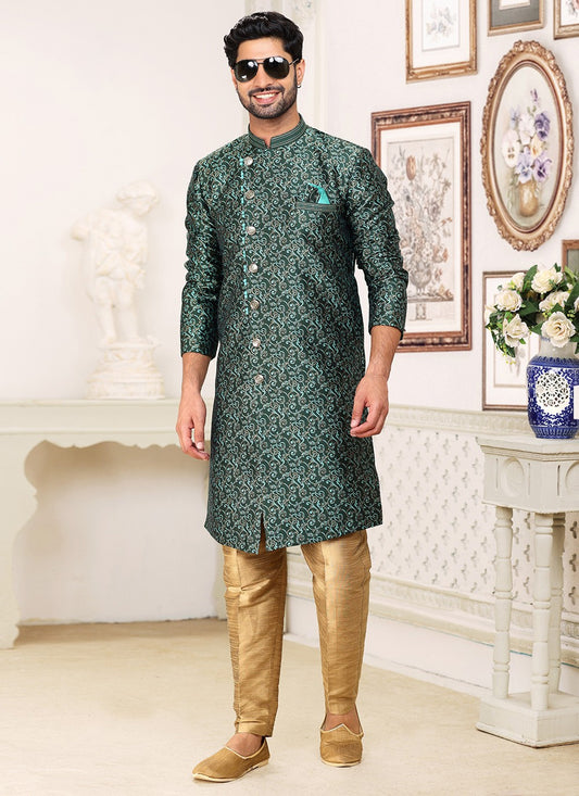 Fancy Work Banarasi Jacquard Green Indo Western - M5254