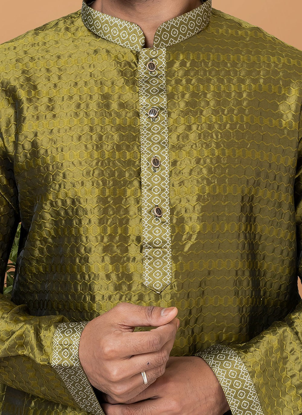 Fancy Work Silk Green Kurta Pyjama - M6368