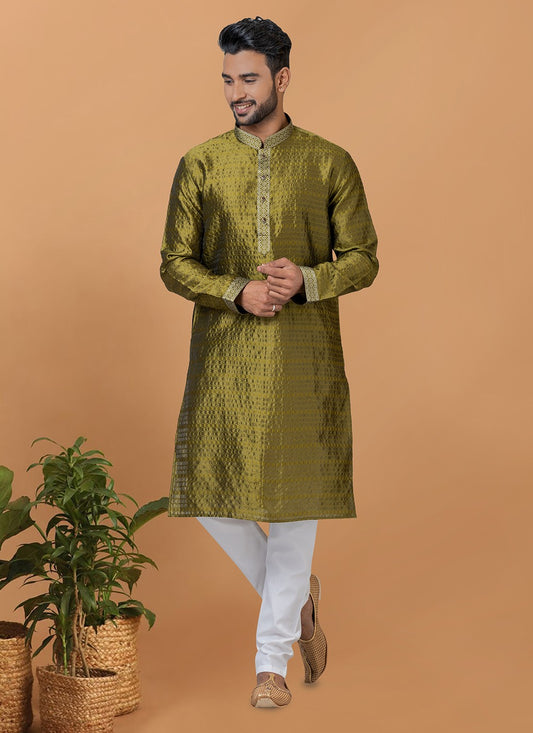 Fancy Work Silk Green Kurta Pyjama - M6368