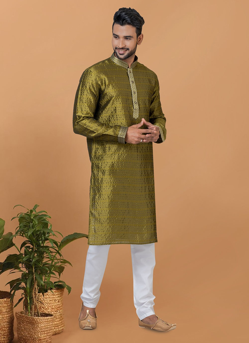 Fancy Work Silk Green Kurta Pyjama - M6368