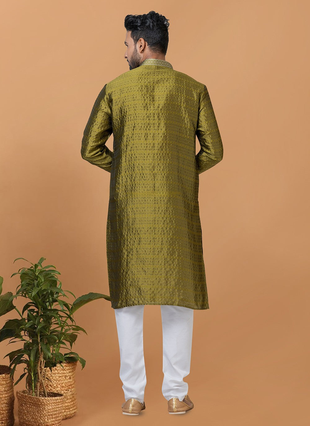 Fancy Work Silk Green Kurta Pyjama - M6368