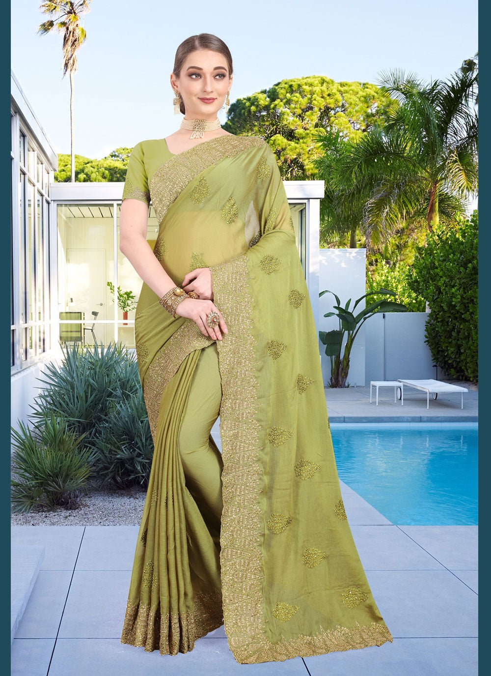 Classic Embroidered Faux Chiffon Saree - S0668