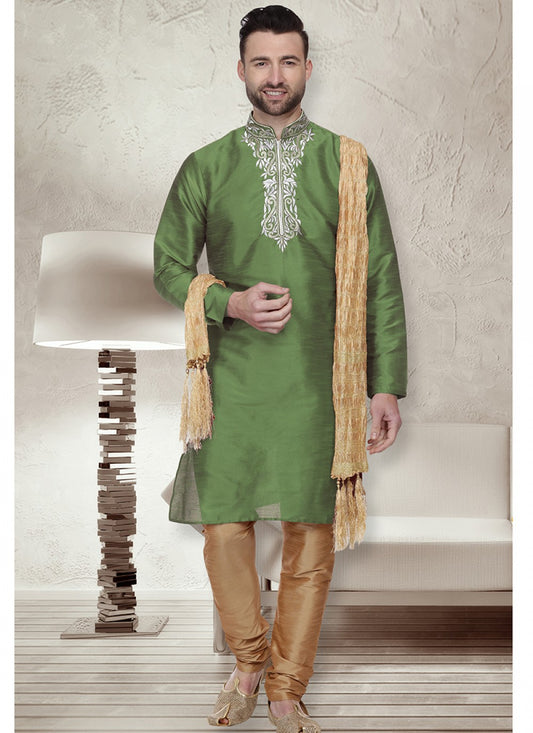 Embroidered Art Silk Green Kurta Pyjama - M1496