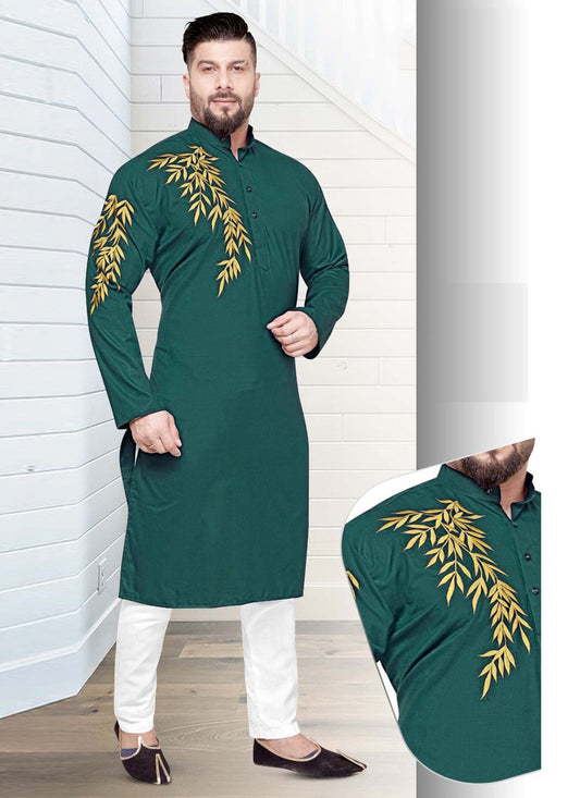 Resham Cotton Green Kurta Pyjama - M2229