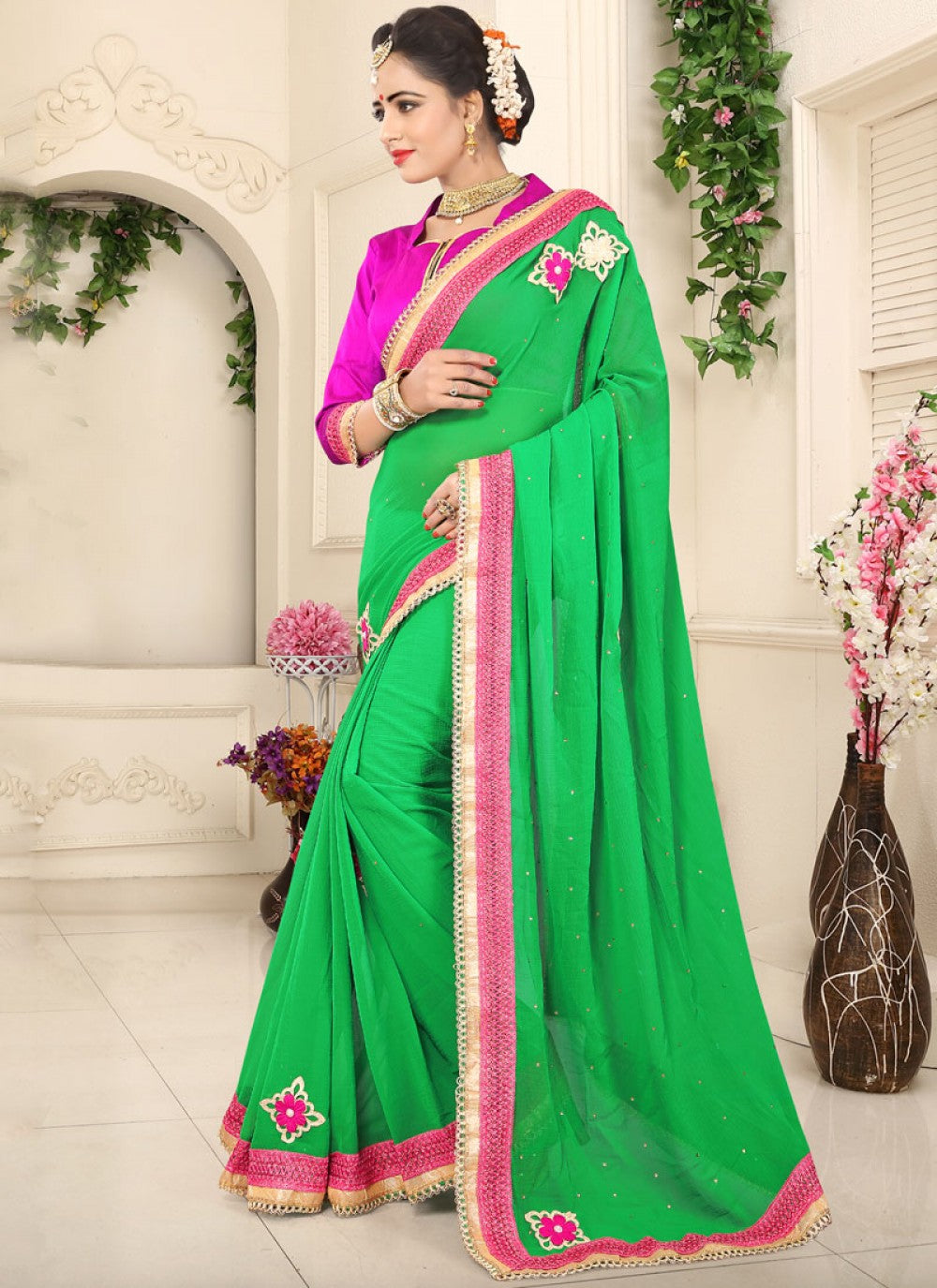 Classic Patch Faux Chiffon Saree - S0094