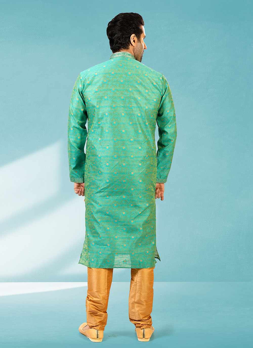 Plain Brocade, Jacquard Silk Green Kurta Pyjama - M2310