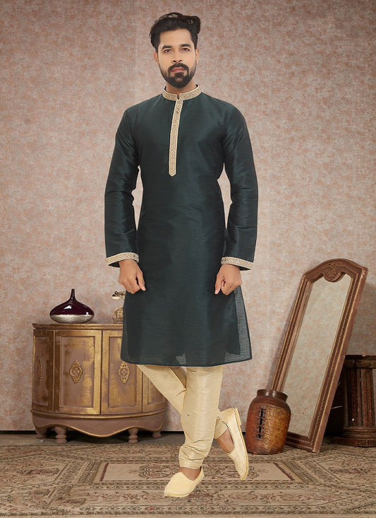 Embroidered Dupion Silk Green Kurta Pyjama - M3339