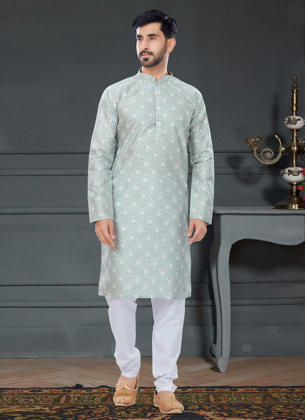 Digital Print Silk Green Kurta Pyjama - M4734