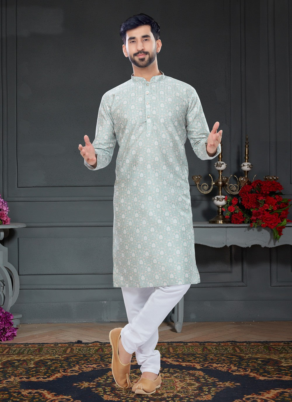 Digital Print Silk Green Kurta Pyjama - M4734