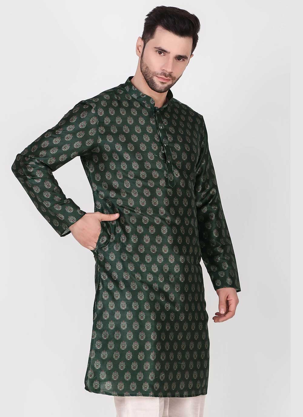 Printed Art Silk Green Kurta Pyjama - M4752