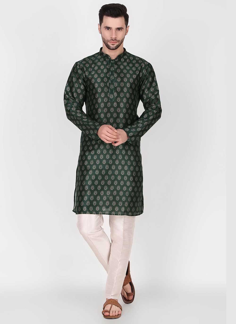 Printed Art Silk Green Kurta Pyjama - M4752