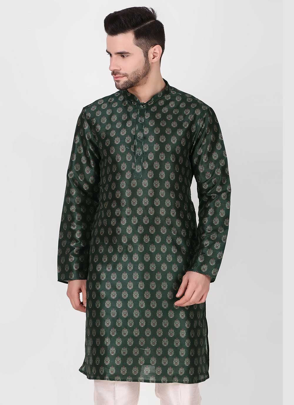 Printed Art Silk Green Kurta Pyjama - M4752