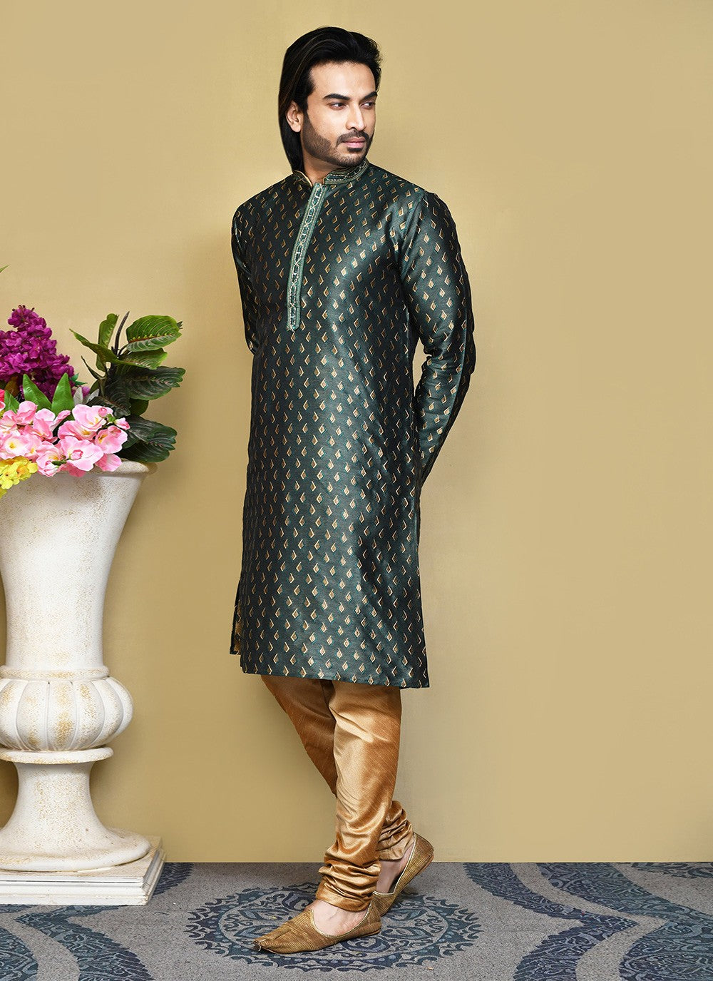 Resham Art Silk Green Kurta Pyjama - M7859