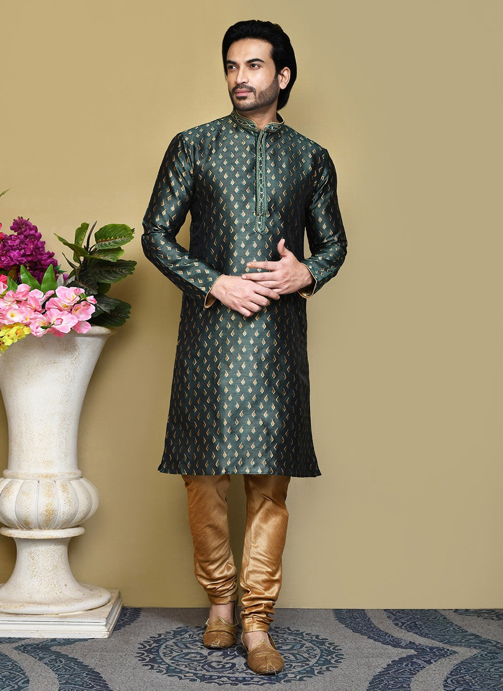 Resham Art Silk Green Kurta Pyjama - M7859