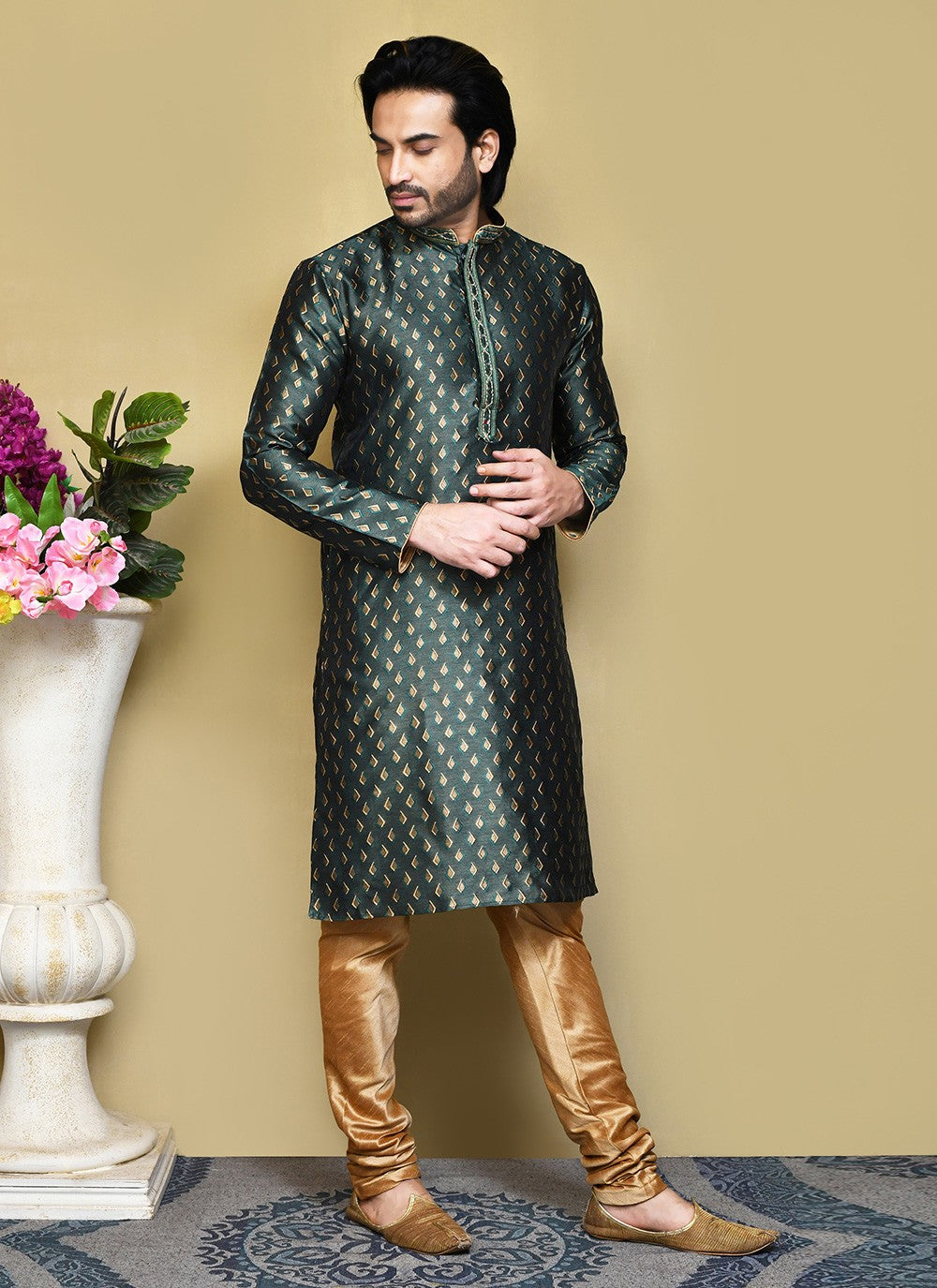 Resham Art Silk Green Kurta Pyjama - M7859