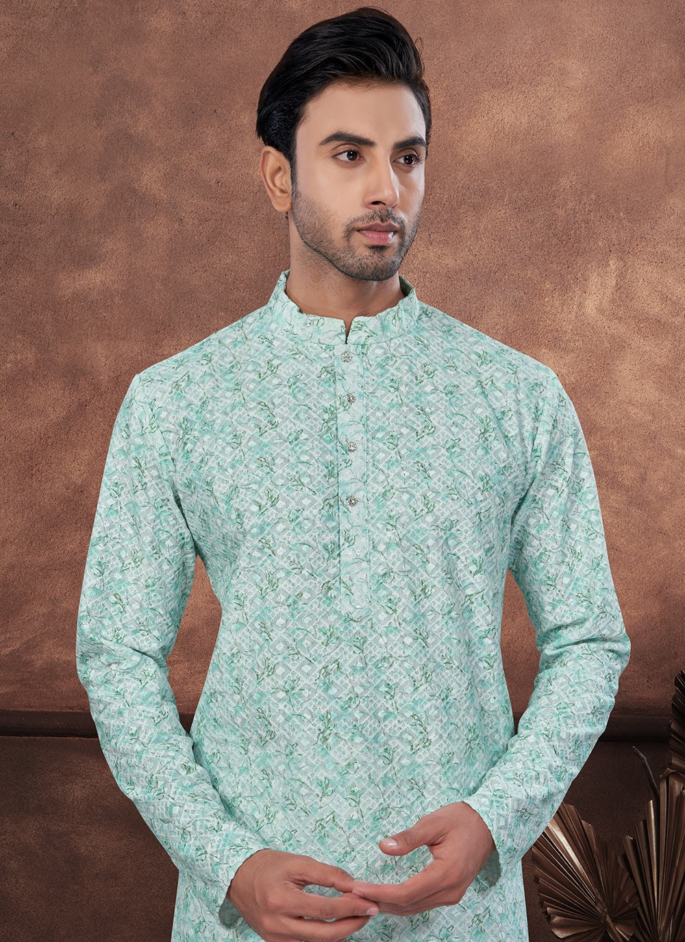 Digital Print Rayon Green Kurta Pyjama - M8687