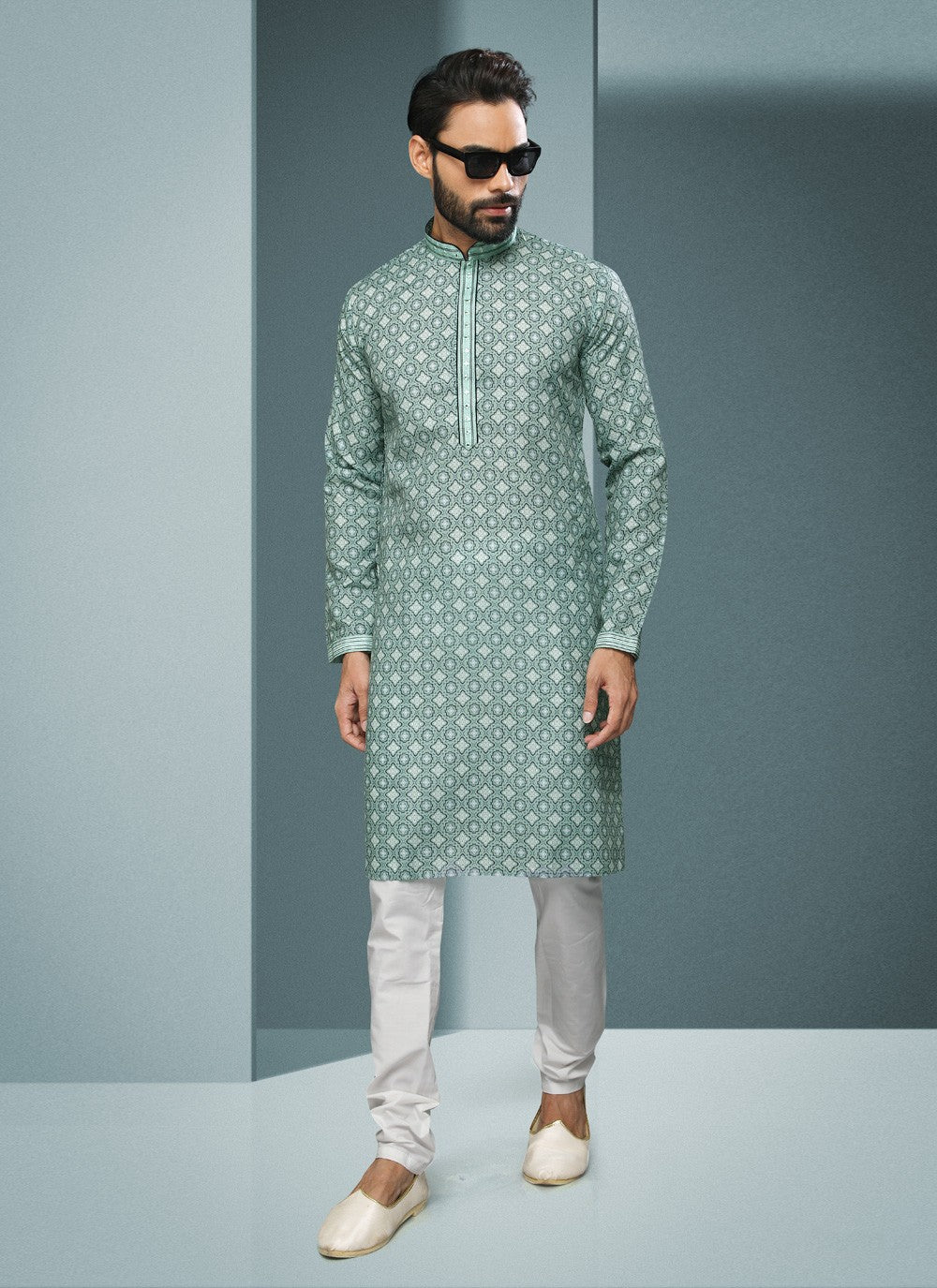 Digital Print Handloom Cotton Green Kurta Pyjama - M4059