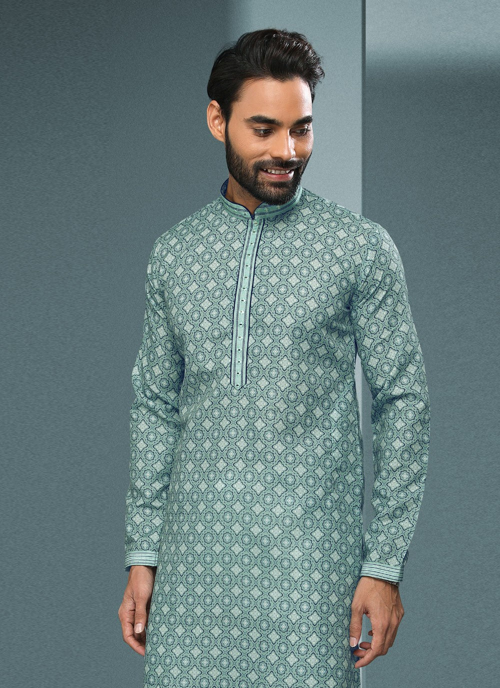 Digital Print Handloom Cotton Green Kurta Pyjama - M4059