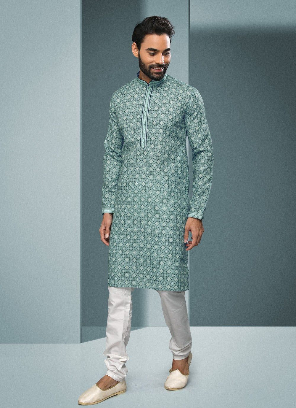 Digital Print Handloom Cotton Green Kurta Pyjama - M4059