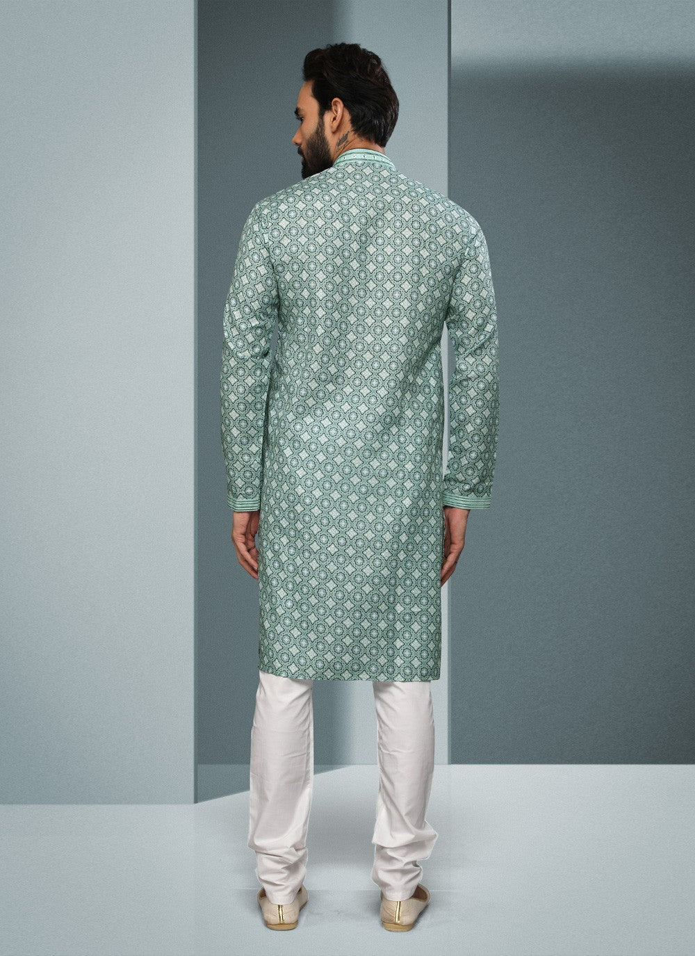 Digital Print Handloom Cotton Green Kurta Pyjama - M4059