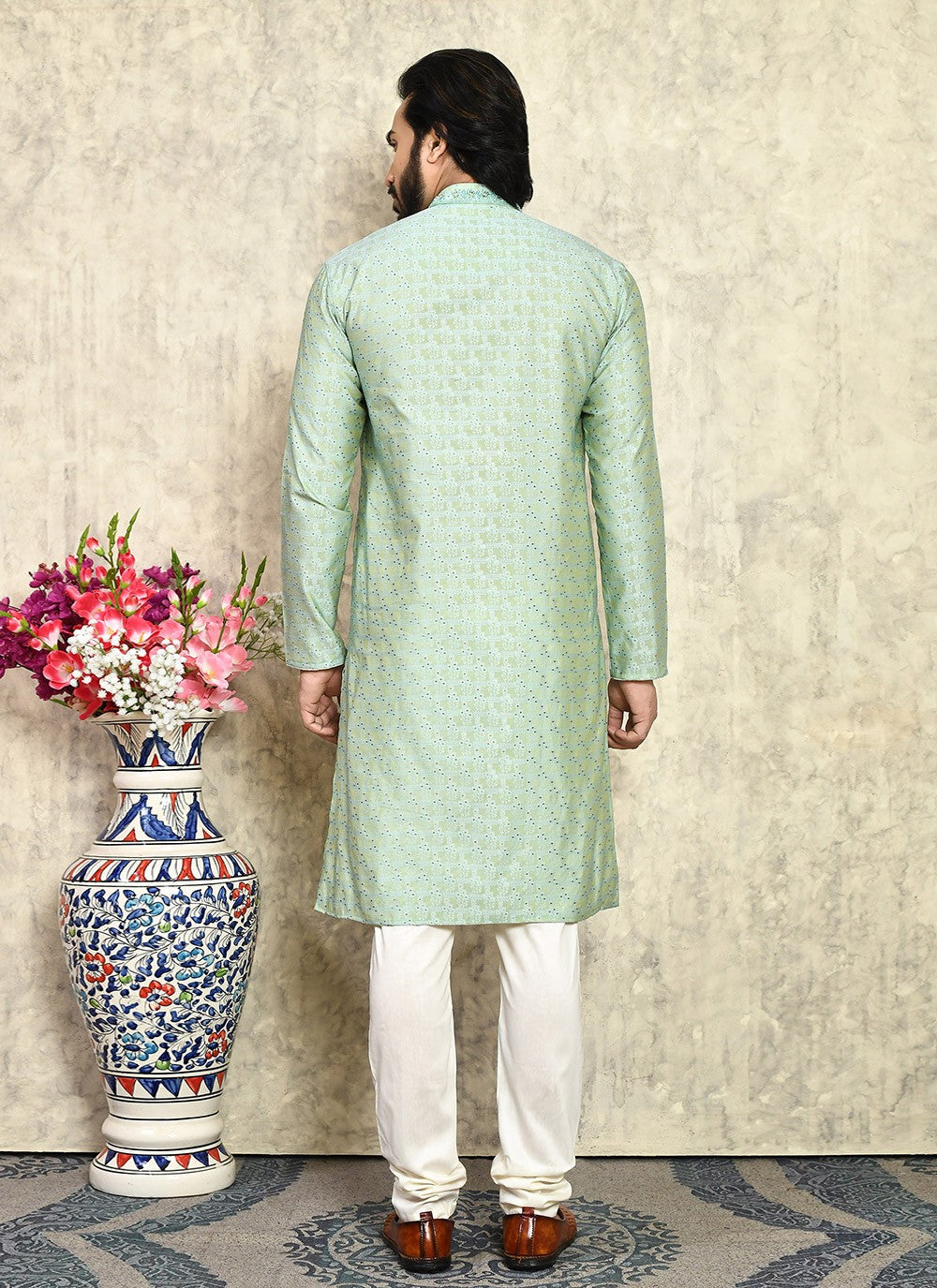 Hand Embroidery Art Silk Green Kurta Pyjama - M7938