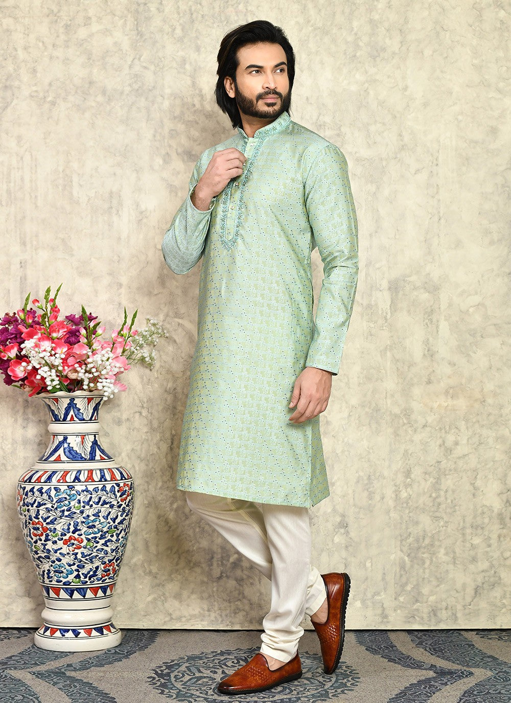 Hand Embroidery Art Silk Green Kurta Pyjama - M7938