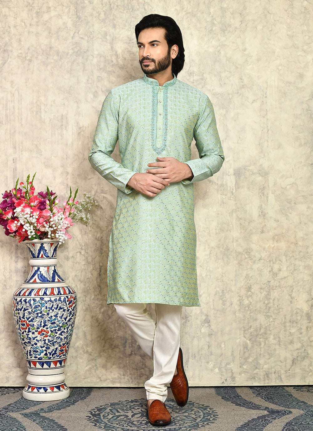 Hand Embroidery Art Silk Green Kurta Pyjama - M7938