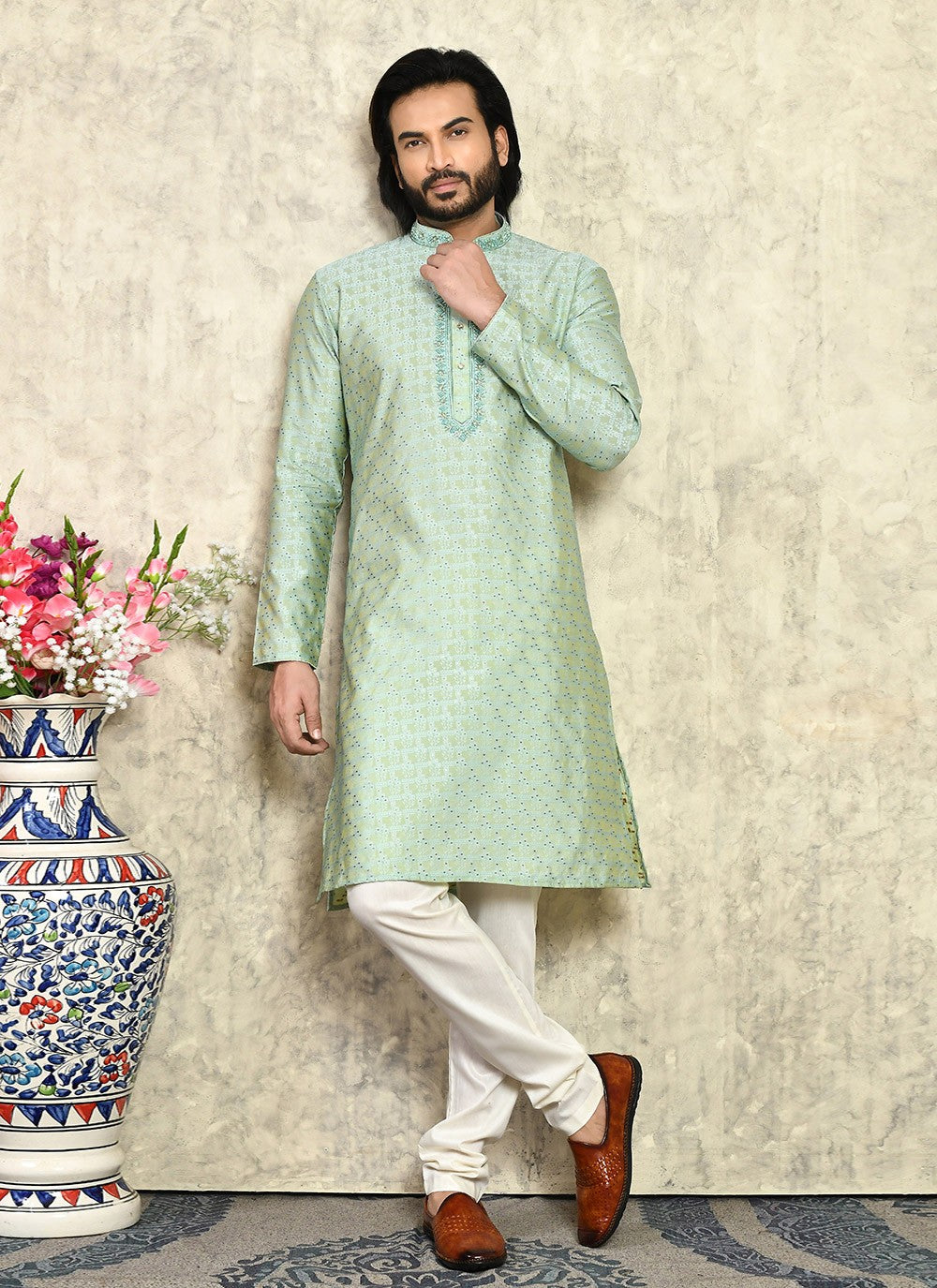 Hand Embroidery Art Silk Green Kurta Pyjama - M7938