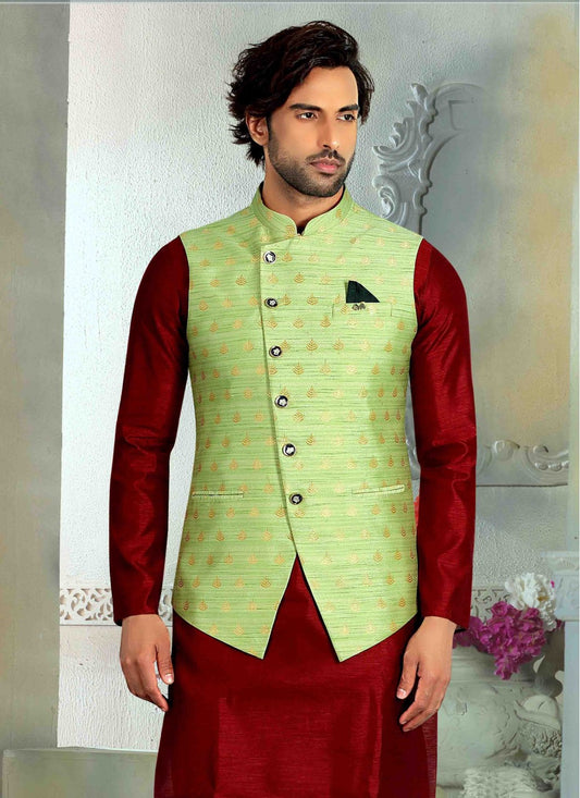 Weaving Zari Jacquard Green Nehru Jackets - M1536