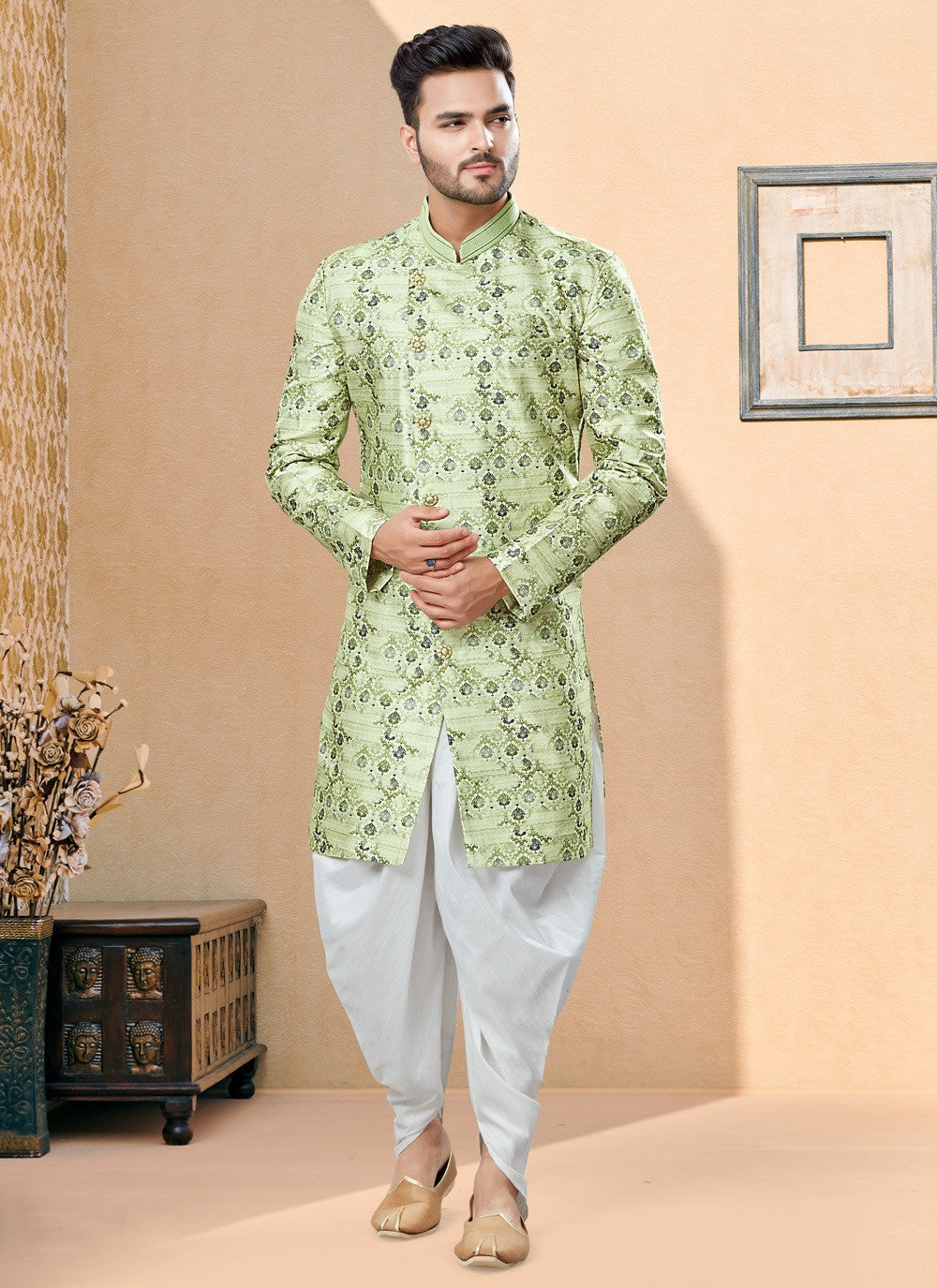 Digital Print Jacquard Green Indo Western Sherwani - M3880