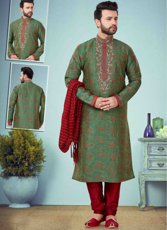 Printed Jacquard Green Kurta Pyjama - M1630