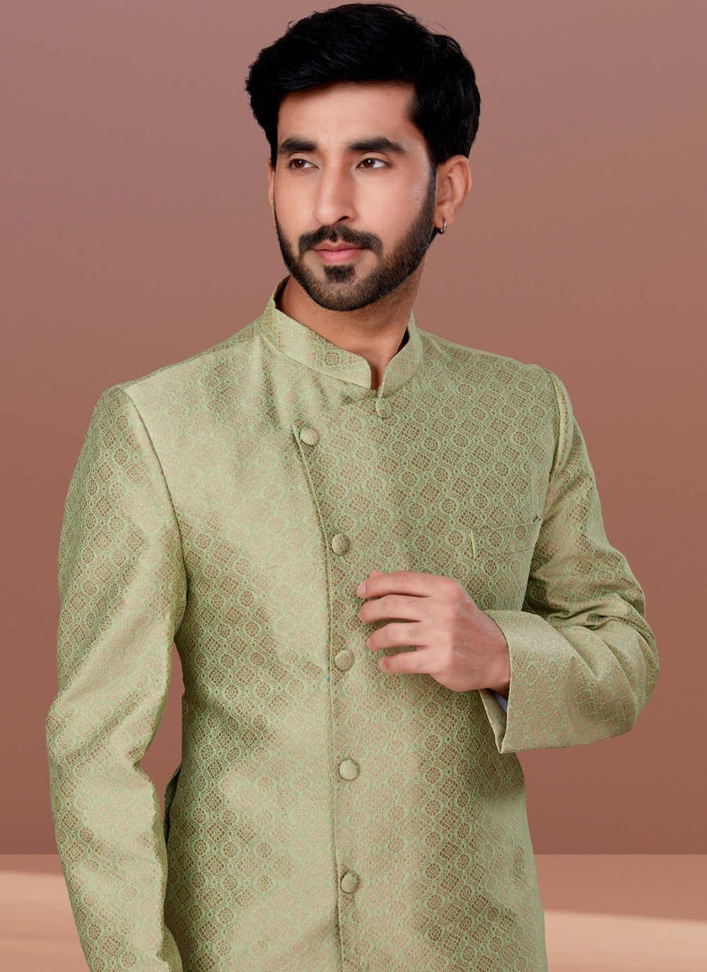 Fancy Work Jacquard Green Indo Western - M4636