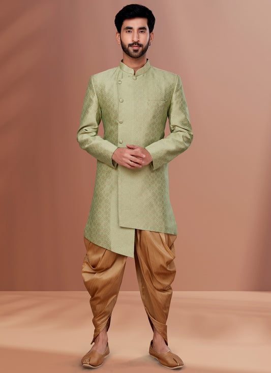 Fancy Work Jacquard Green Indo Western - M4636