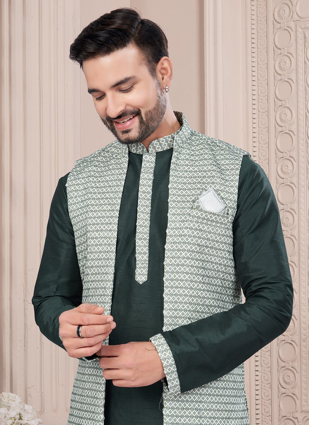 Fancy Work Dupion Silk, Jacquard Green Kurta Payjama With Jacket - M8672