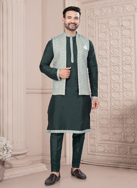 Fancy Work Dupion Silk, Jacquard Green Kurta Payjama With Jacket - M8672