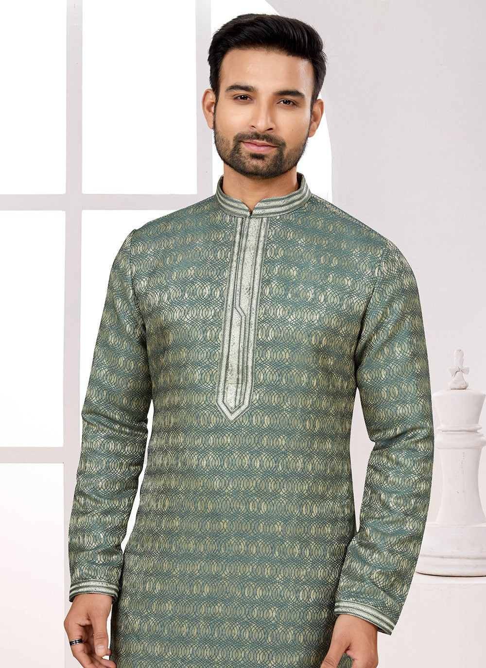 Fancy Work Jacquard Green Kurta Pyjama - M6686