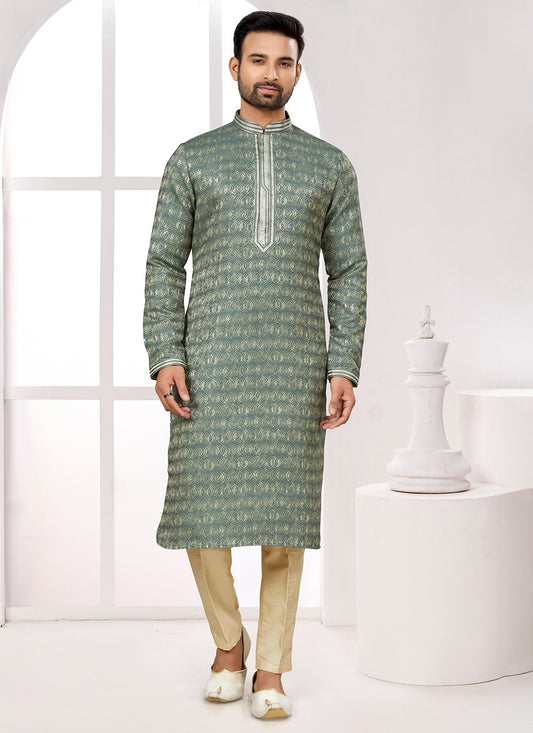 Fancy Work Jacquard Green Kurta Pyjama - M6686