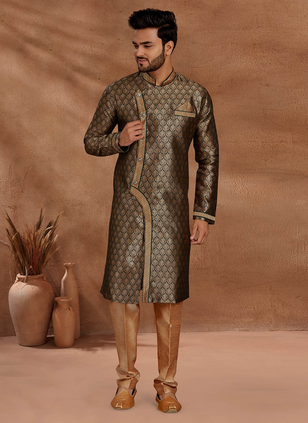 Jacquard Work Jacquard Green Indo Western - M2674