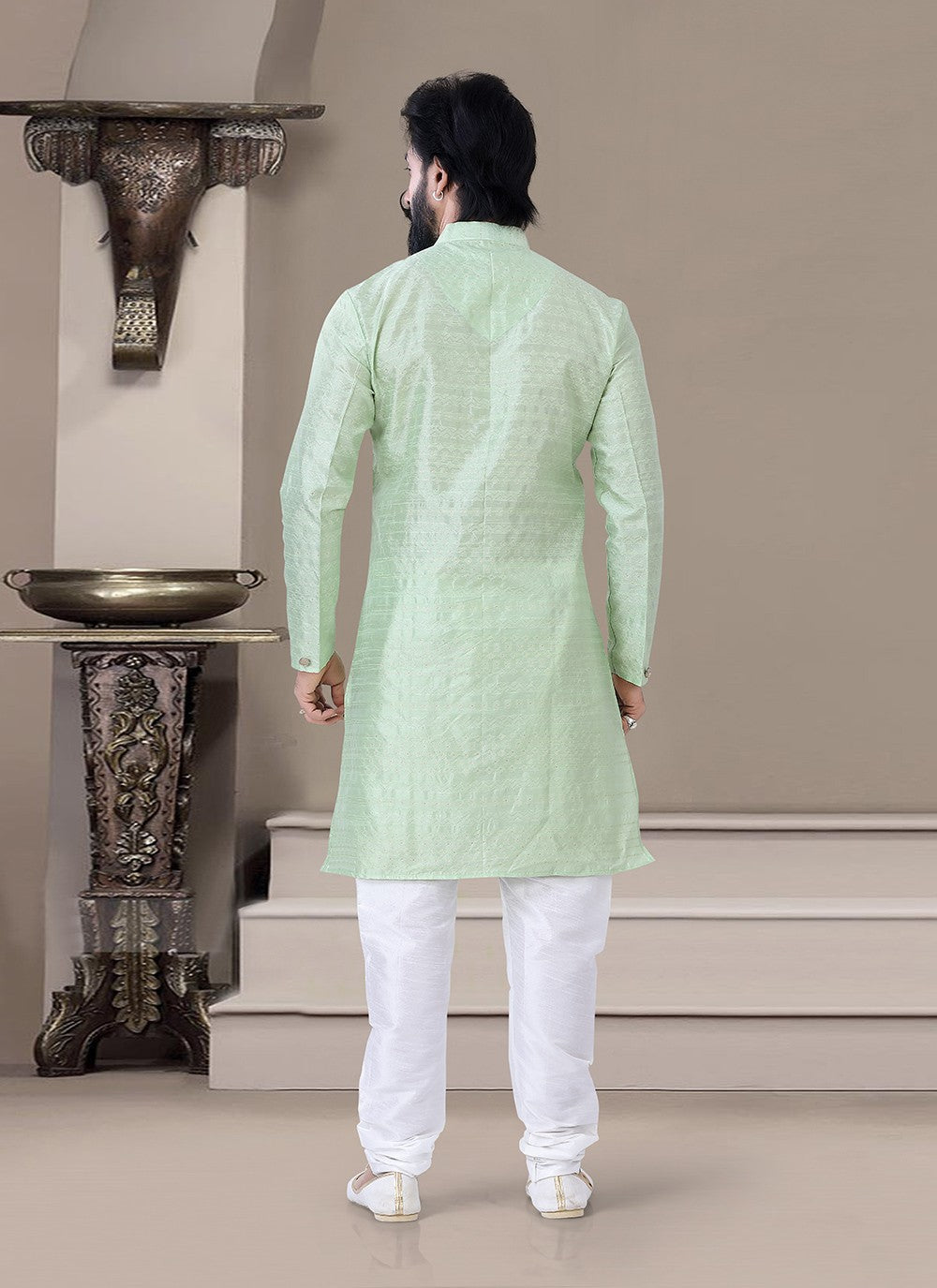 Fancy Work Jacquard Green Indo Western - M3469