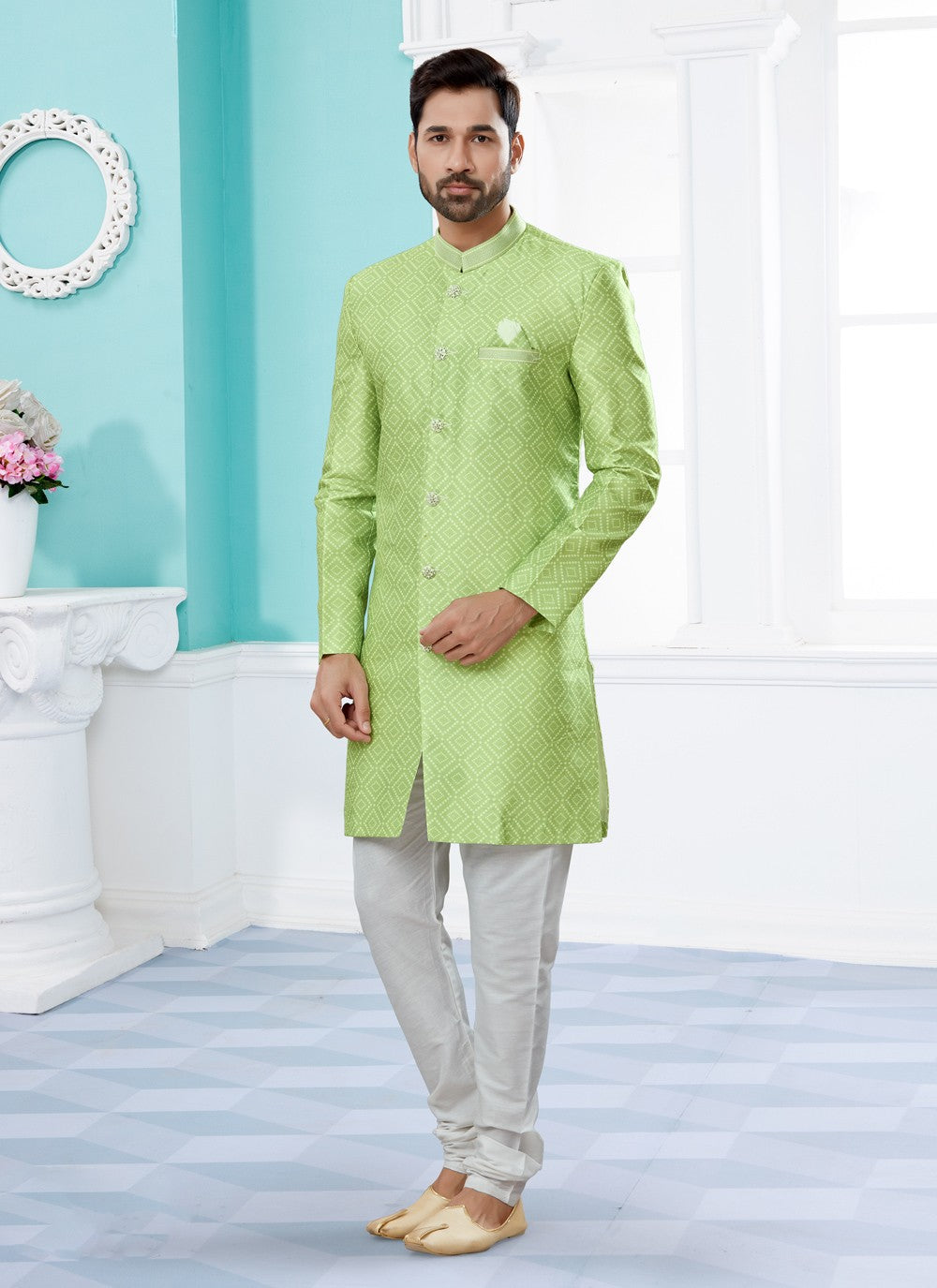 Digital Print Jacquard Green Indo Western Sherwani - M3918