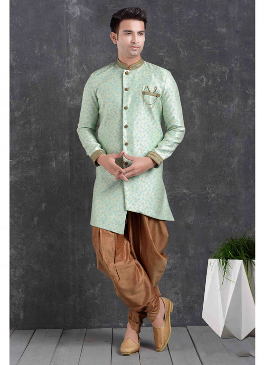 Printed Jacquard Silk Green Dhoti Kurta - M1760